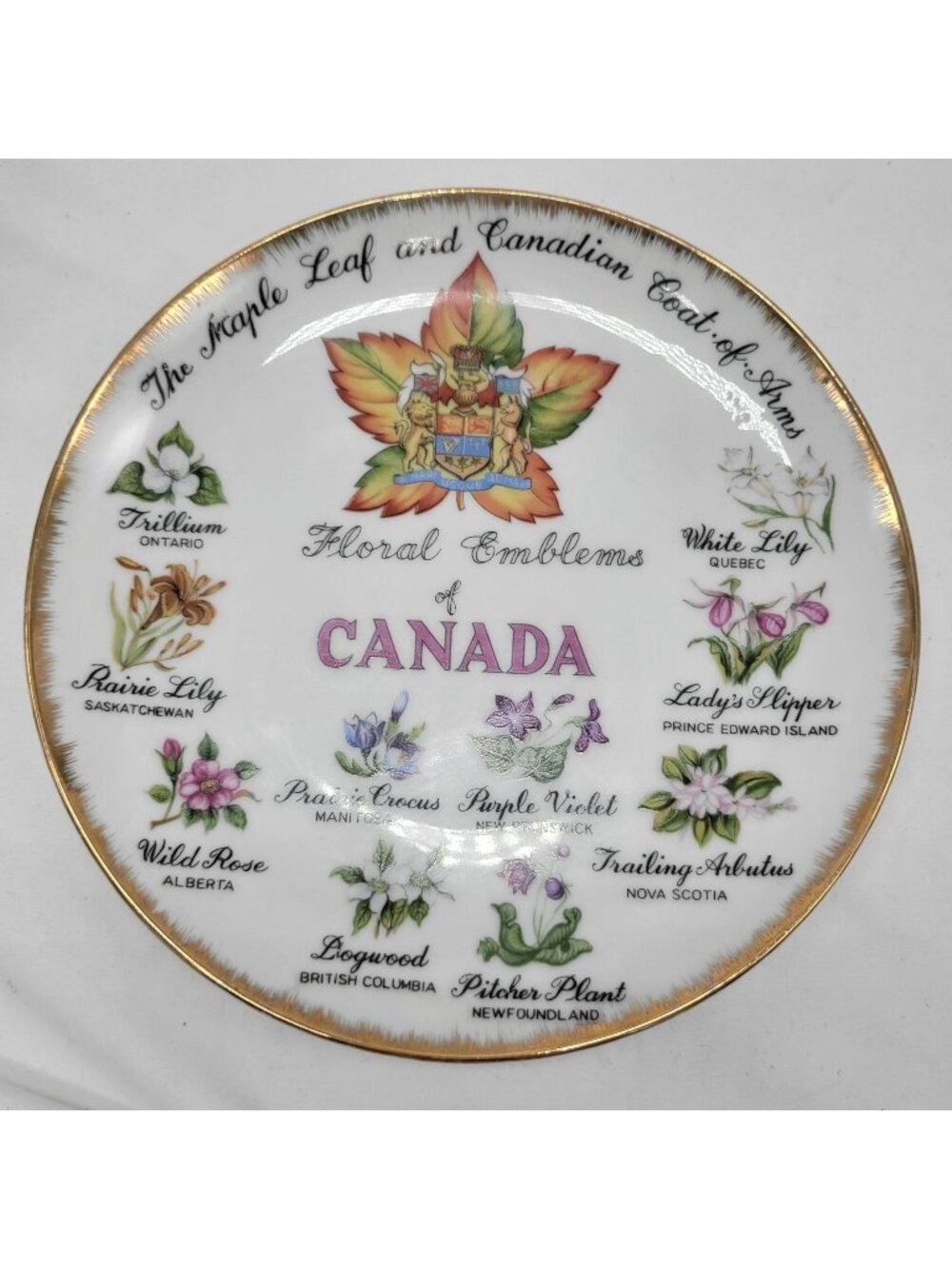 Vtg Floral Emblems Of Canada Souvenier Plate Gold Trim ESD Japan 8" NL21508